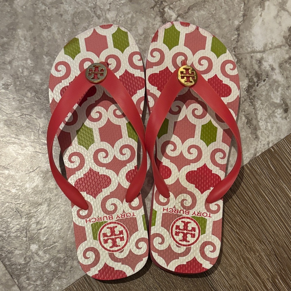 Tory Burch Red and Green Patterned Flip Flops